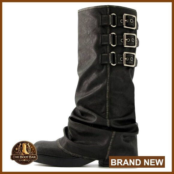 Fold Over Knee High Slouch Boots Chunky Platform 2 Inch Heel Wide Calf